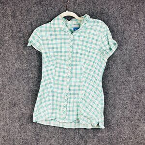 Columbia Womens River Short Sleeve Button Up White/Teal Plaid Shirt Small